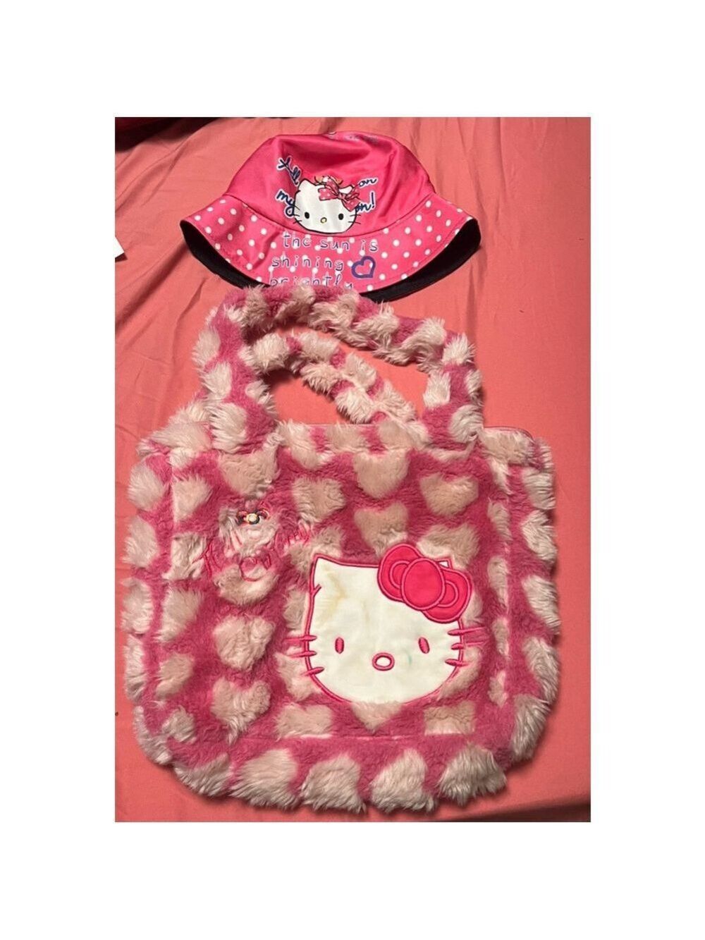 Hello Kitty Plush Heart Bag + Pink Polka Dot Sun Bucket Hat Kawaii Sanrio Used